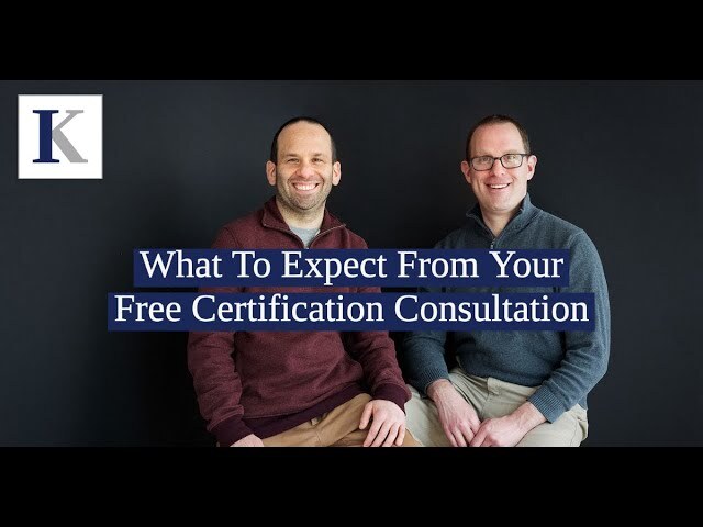 Mickey & Brian Kellerman, Co-founders of Kellerman Consulting sitting. What to Expect from your free certification consultation is written.