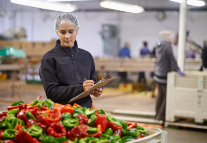 Woman holding a clipboard at a food factory and inspecting peppers.