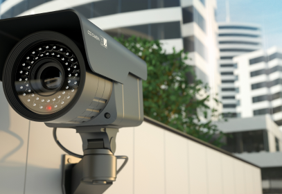 A surveillance camera mounted to an industrial building outside.