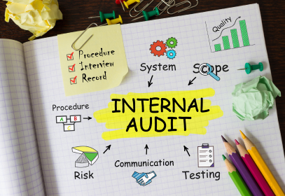 Drawing of internal audit components, including arrows pointing to the words: Communication, Testing, Risk, Procedure, System, and Scope.