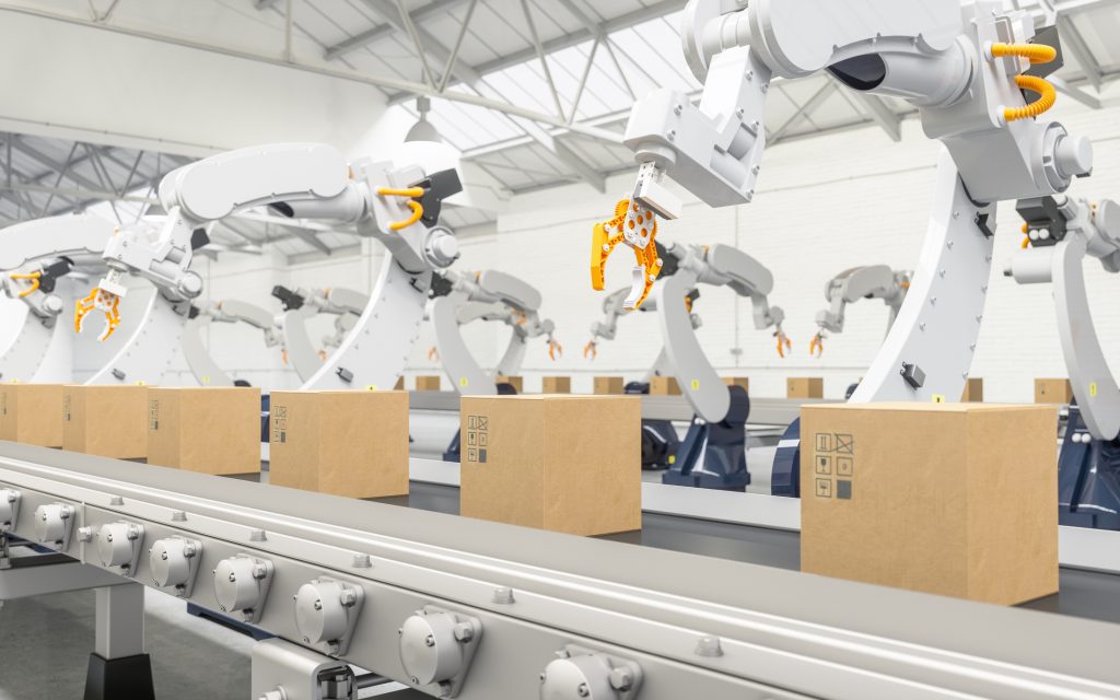Packaging line with robotic conveyor arm demonstrating a quality management system in action.