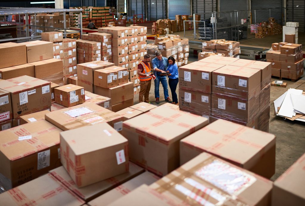 Boxes of food products at a Walmart warehouse.